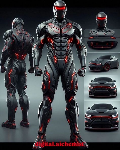 🔴🚗 When power meets precision. Presenting the ultimate fusion of muscle and machine – a hyper-realistic, futuristic armor suit inspired by the bold spirit of Dodge. From the aggressive stance to the sleek aerodynamic design, this suit is built for the road warriors of tomorrow. ⚙️💥 Every line and contour screams dominance, just like the Dodge Challenger, with its muscular frame and ferocious attitude. Enhanced with high-tech red LED accents, this armor is more than just protection – it’s a s... Super Suit Design, Sci-fi Armor Concept, Futuristic Suit, Exoskeleton Suit, Tech Armor, Armor Suit, Combat Suit, The Road Warriors, Futuristic Armor