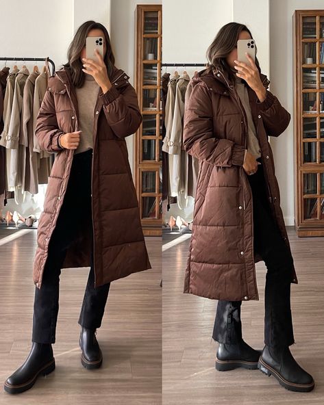 Brown Long Coat Outfit, Long Puffer Coat Outfit, Brown Puffer Jacket Outfit, Puffer Jacket Outfit Winter Style, Long Puffer Jacket Outfit, Long Jacket Outfit, Japan Outfit Winter, Life With Jazz, Puffer Coat Outfit