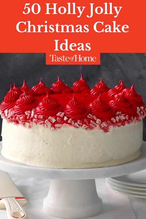 Christmas cake ideas come in all shapes and sizes—from yule logs to towering layer cakes to antlered reindeer treats. Find recipes for a sweet holiday centerpiece. #christmas #cakes #desserts #christmasdesserts Christmas Cakes Homemade, Surprise Inside Christmas Cake, Alternative Christmas Cake, Yule Cake Log, Christmas Layered Cake, Christmas Cakes 2023, Christmas Decorated Cakes Ideas, Holiday Layer Cake, White Chocolate Truffle Cake