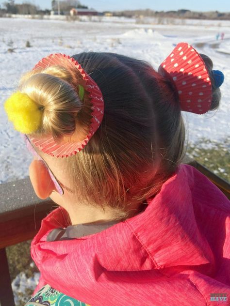 Cupcake Hair Buns, Easy Crazy Hairstyles, Crazy Hair For Kids, Cupcake Hair, Crazy Hair Day Ideas, Easy Hairstyles For Kids, Girl Cupcakes, Wacky Hair Days, Hair Buns