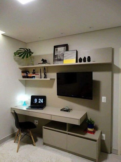 Desk With Tv Above It, Table In Bedroom Ideas, Desk Under Tv, Study Table Organizer, Study Table In Bedroom, Study Table Makeover, Study Table Decoration Ideas, Table Craft Ideas, Study Table Design Ideas