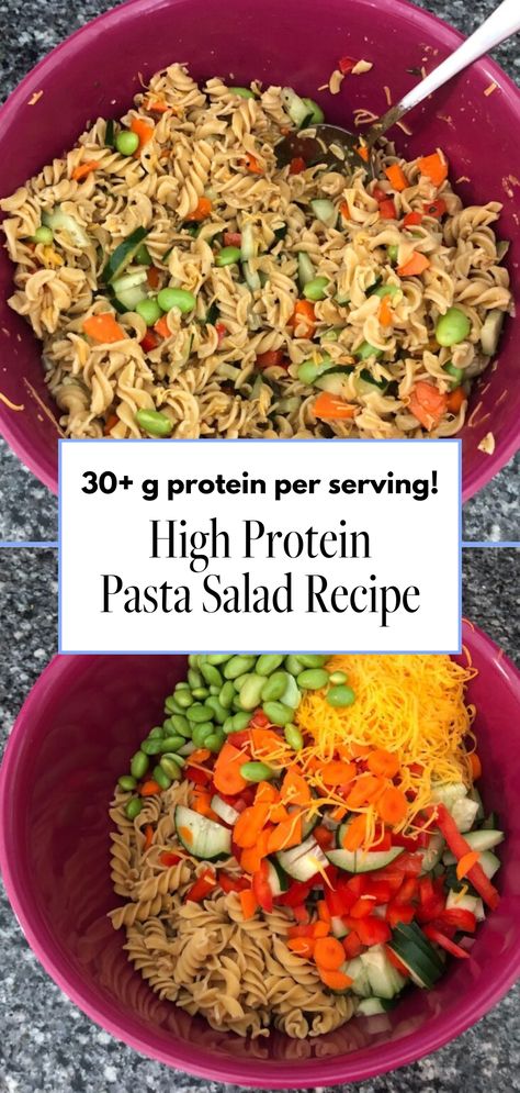 Try this high protein pasta salad recipe for a healthy and delicious lunch option! This vegetarian protein pasta salad features chickpea pasta salad with edamame, cheese, and carrots, making it perfect for cold lunch recipes. It’s the best high protein pasta salad and an easy protein pasta salad you’ll love! Vegetarian Protein Pasta, Cold Protein Lunch Ideas, Cold Vegetarian Lunch Ideas, Easy High Protein Pasta, Cold Meal Prep Lunches, Low Calorie Pasta Salad, High Protein Pasta Salad, Cold Lunch Recipes, Protein Pasta Recipes