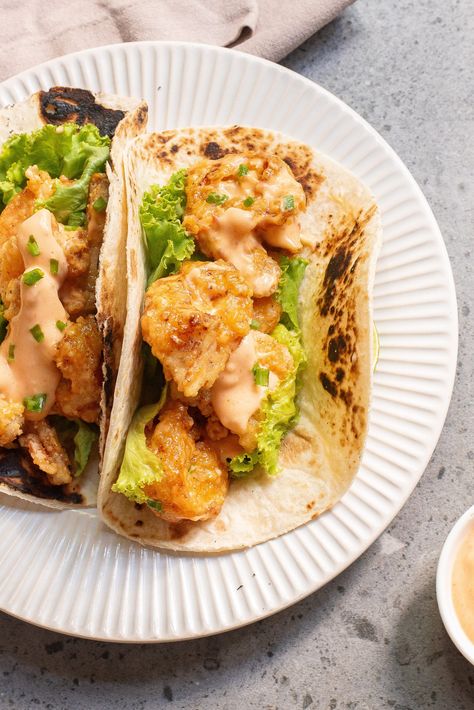 Dynamite Shrimp Tacos (Bang Bang Shrimp) Dynamite Sauce, Dynamite Shrimp, Shrimp Wraps, Bang Bang Sauce, Bang Bang Shrimp, Crispy Shrimp, Delicious Seafood Recipes, Weeknight Recipes, Sweet Sour Chicken