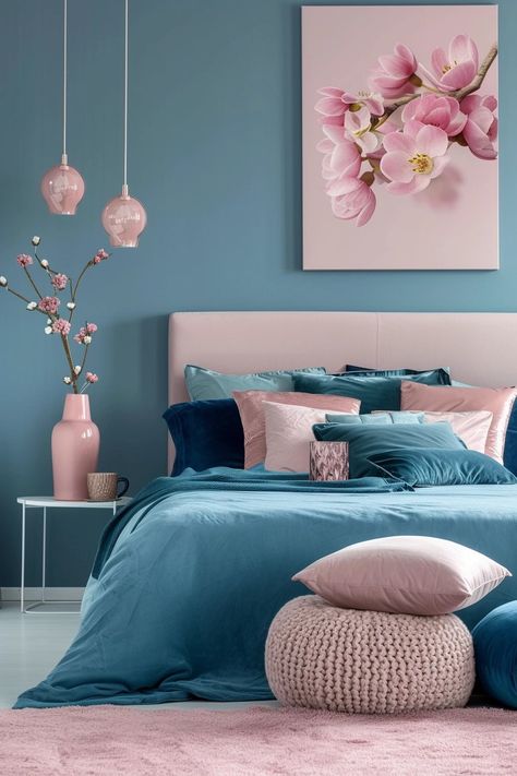 22 Blue and Pink Bedroom Ideas That Look Good Together French Blue And Pink Bedroom, Blue White Pink Bedroom, Navy And Blush Bedroom, Dark Blue And Pink Bedroom, Navy And Pink Bedroom, Pink Blue Bedroom, Hot Pink Bedding, Pink Blue Wallpaper, Bedroom 2025