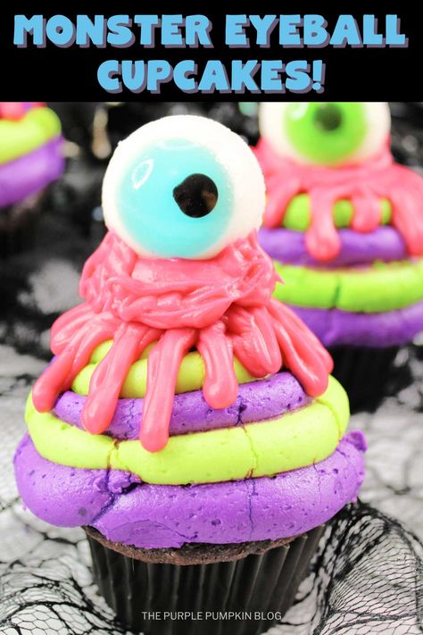 These Monster Eyeball Cupcakes are the ultimate spooky dessert for Halloween! A rich chocolate cupcake base is topped with layers of neon-colored frosting and finished with a creepy candy eyeball for an eerie twist. Ideal for Halloween parties, these cupcakes are both fun to make and delicious to eat. With simple ingredients and colorful decorations, they will bring a festive touch to any occasion. Visit The Purple Pumpkin Blog to get the complete recipe and bake these spine-chilling cupcakes! Eyeball Cupcakes, Halloween Themed Appetizers, Halloween Food For Adults, Colored Frosting, Halloween Food Cupcakes, Kids Halloween Food, Triple Chocolate Cake, Colorful Decorations, Halloween Foods