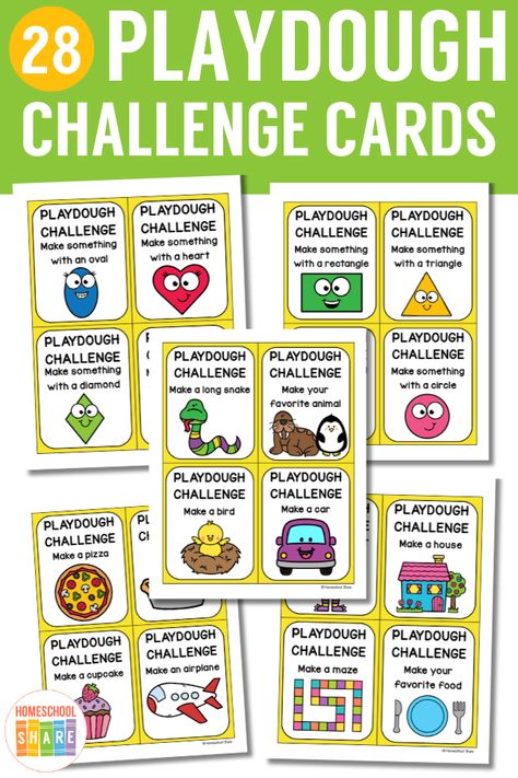 Playdough Challenge Cards (free printable!) - Homeschool Share Playdoh Task Cards Free, Playdoh Challenge Cards, Play Doh Challenge Cards, Play Doh Printables Free, Playdough Challenge Cards, Free Printable Play Money, Playdough Learning Activities, Playdough Printables, Play Doh Mats