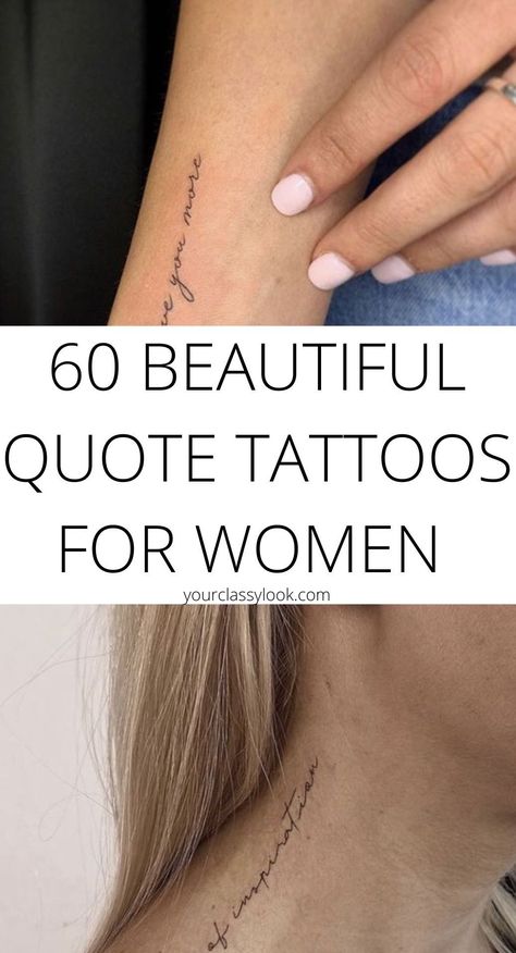 Here we will showcase over 60 best tattoo quotes for women, quote tattoo designs, script tattoos, female tattoo ideas, quote tattoo ideas, script tattoo ideas for women, word tattoo, meaningful tattoo ideas, and more tattoo inspo. Female Script Tattoos, Poetry Tattoos For Women, 50th Birthday Tattoo Ideas For Women, Sentence Tattoos For Women, Word Tattoos For Women Placement, Elegant Tattoos For Women Unique, Paragraph Tattoos For Women, Written Tattoos For Women, Female Calf Tattoo