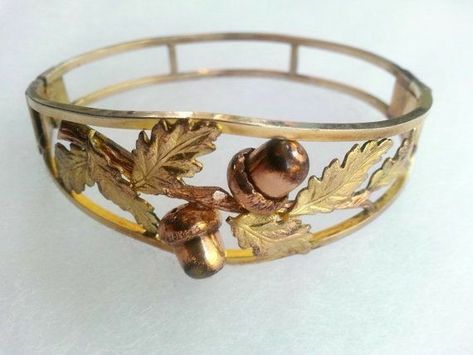 Oak Branch, Acorn Jewelry, Branch Leaves, 1940s Art, Acorn And Oak, Metal Clay Jewelry, Body Adornment, Art Nouveau Style, Hinged Bangle