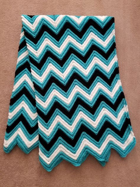 Black White Crochet Blanket, Teal Crochet Blanket, Black And White Crochet Blanket, White Crochet Blanket, Black White Crochet, Crochet Blanket Throw, Chevron Afghan, Black And White Crochet, Teal Crochet