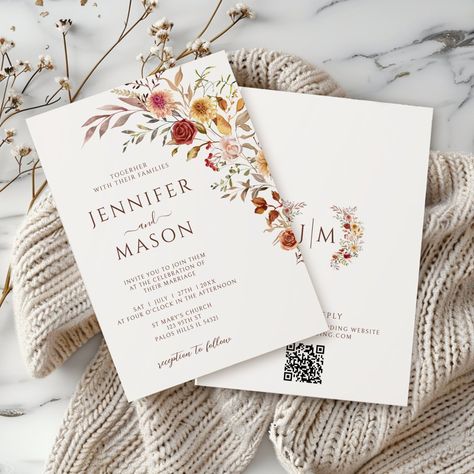 Elegant Burgundy Fall Autumn Floral Wedding QR In October Wedding Invitations, Bohemian Fall Wedding, Fall Floral Wedding, Elegant Bohemian, Bohemian Fall, Fall Wedding Invitations, October Wedding, Autumn Wedding, Free Birthday Invitations