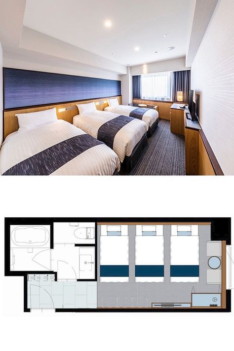 Hotel Gracery Osaka Namba | Triple Room Room size: 24sqm Budget Hotel Room Design, Small Hotel Room Interior, Small Hotel Room Design, Small Hotel Design, Triple Room Hotel, Simple Hotel Room, Hotel Room Dimensions, Tiny Hotel Room, Floor Plan Hotel Room