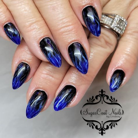 @uglyducklingproducts - black schmelt it, gel polish 038, 072, 146 and no wipe top coat #nails #gelnails #gelpolish #nailart #nailartist #Canadiannailtech #nailtech #agassiznailtech #agassiz #agassiznails #harrisonhotsprings #fraservalley #bcnails #fraservalleynails #chilliwacknails #nailsmagazine #showscratch #theCNTC #ilovecreata #notd #almondnails #blacknails #bluenails #flamenails #blueflamenails #blueflame #firenails #bloominggel #schmeltit Blue Fire Nails, Blue Flame Nails, Black And Blue Nails, Royal Blue Nails, Light Blue Nails, Sharp Nails, Black Flame, Flame Design, Fun Hair