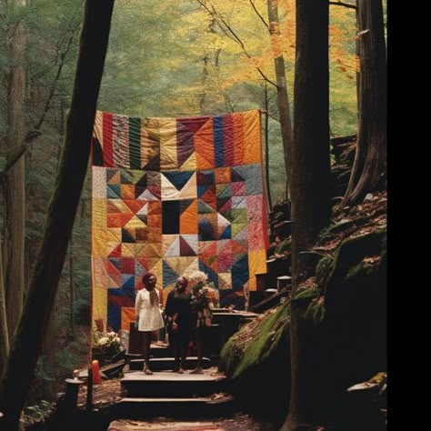 Curry J. Hackett on Instagram: "A little something new, with a brand-new scene of a quilted altar in the woods of Appalachia. Fascinating to see which aspects stay the same and which change from iteration to iteration. Imagined with AI, using #midjourney. #midjourneyart #midjourneyarchitecture #midjourneycommunity #aigenerated #aiartists #blackchurch #blackchurches #africanspirituality #appalachia #appalachianmountains #southernstyle #kelela" Appalachian Mountain Wedding, Old Appalachia Aesthetic, Appalachian Witch Aesthetic, 1920s Appalachia, Appalachia Gothic, Appalachian Quilts, Appalachia Wedding, Vintage Appalachia, Appalachian Aesthetic