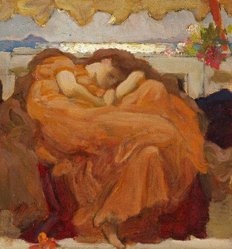 Oil painting of sleeping woman in orange dress curled up on bench Drawing Michael Jackson, Lord Leighton, Frederick Leighton, Paint Mural, Alfred Munnings, Flaming June, Frederic Leighton, Oil Sketch, Student Posters