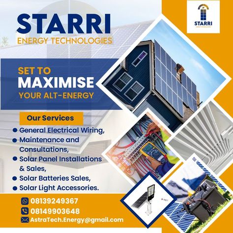 E-flyer Design for Starri Energy Technology Adobe Illustrator Graphic Design, Solar Design, Graphic Design Course, Graphic Design Business, Church Graphic Design, Graphic Design Photoshop, Solar Installation, Electrical Installation, Solar Panel Installation