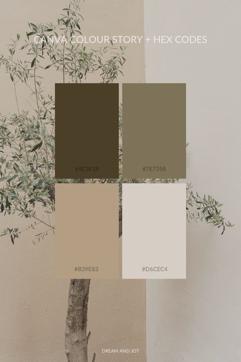 Canva Colour Palette with Hex Codes - Canva Designs Olive Neutral Color Palette, Olive Green Colour Pallete, Neutral Kitchen Colors Earth Tones, Olive Green Neutral Color Palette, Olive Green Beige Color Palette, Natural Stone Color Palette, Cream And Green Palette, Olive Tree Color Palette, Beige Brown Green Aesthetic