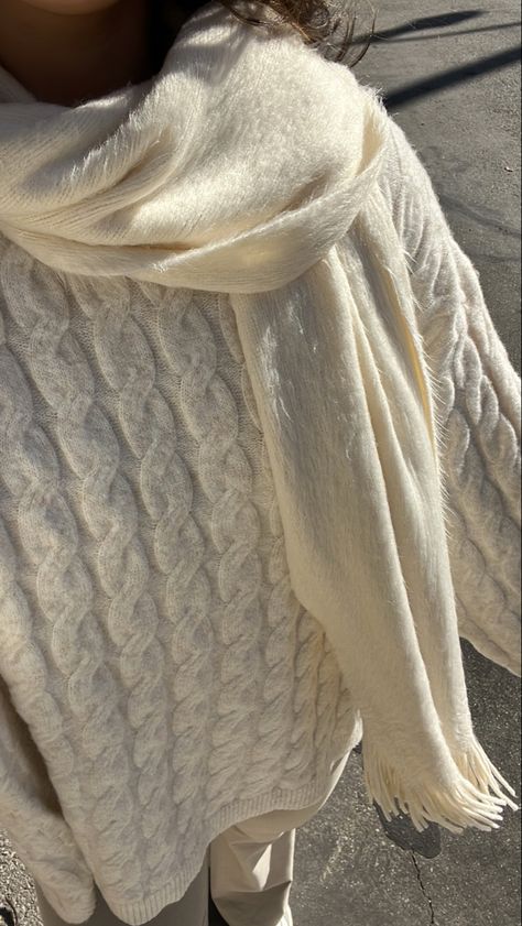 #fashion #scarf #cableknitsweater #fallfashion #2022 White Scarf Outfit, Preppy Scarf, Neutral Scarf, Scarf Aesthetic, How To Wear A Blanket Scarf, Trendy Scarves, Beige Scarf, Cute Scarfs, Scarf Outfit