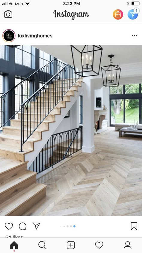 stairs, wood white and black, hanging lantern pendants, hairing bone floor, wood floors, ship lap, iron work, open concept, dream house, interior design Vstupná Hala, Open Trap, Casa Country, Lan Can, Casa Exterior, Versace Home, House Goals, Staircase Design, Wood Flooring