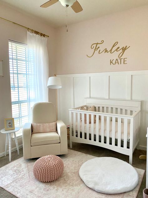 Girly Nursery Accent Wall, Pink White Nursery Ideas, Nursery Wall Accent Ideas, All White Nursery Girl, Pink And White Nursery Walls, Blush Pink Baby Nursery, Baby Girl Nursery Pink And White, Pink White Gold Nursery, Waynes Coating Nursery Wall