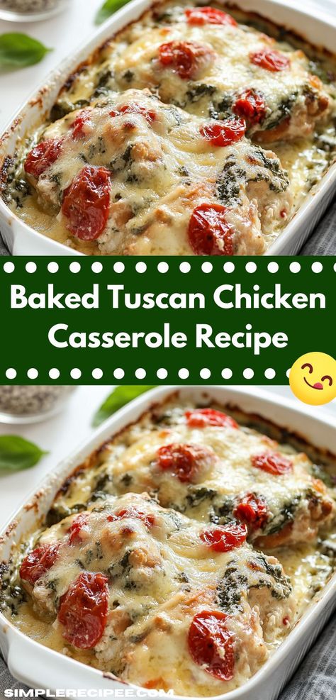 Searching for a crowd-pleasing dinner recipe? This Baked Tuscan Chicken Casserole is not only flavorful but also a quick, one-dish meal. It’s perfect for gatherings or cozy family nights at home. Tuscan Chicken Casserole, Baked Tuscan Chicken, Casserole With Spinach, Easy Casserole Recipe, Tomatoes And Cheese, Creamy Chicken Casserole, Yummy Casserole Recipes, Chicken Casserole Recipe, Hearty Chicken