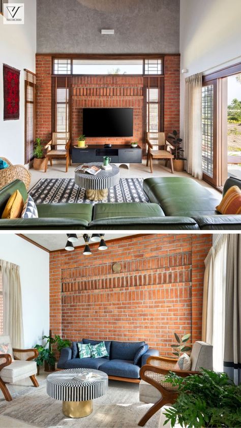 Indian Residence Interior, Indian Modern Living Room Design, Earthy Tv Unit, Modern Indian Interior Design Living Room, Exposed Brick Tv Wall, Earthy Indian Interiors, Brick Wall Tv Unit Design, Contemporary Indian Living Room, Double Height Living Room Indian