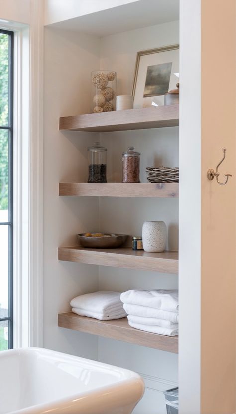 Bathroom Closet Organization Ideas, Bathroom Closet Organization, Bathroom Storage Hacks, Open Bathroom, Closet Organization Ideas, Floating Shelves Bathroom, Bathroom Closet, Trendy Bathroom, Upstairs Bathrooms