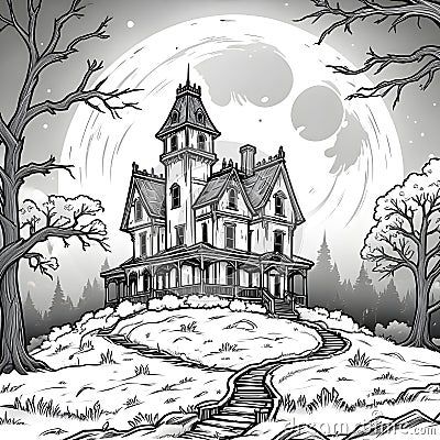 ai-generated-coloring-page-drawing-halloween-haunted-house-hill-full-moon-behind Cute Haunted House Drawing, Drawing Haunted Houses, Haunted House Drawing, Simple House Drawing, Spooky Houses, Sketchbook Studies, Drawing Halloween, Random Doodles, Scary Drawings