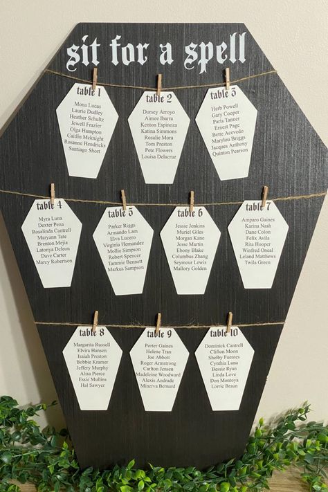 This listing is for one black seating arrangement wood sign that comes with twine & clothes pins. The twine is secured on the back so you can not remove the twine or adjust it. This gothic sign is perfect for Halloween weddings! Make your wedding more spooky with this black "sit for a spell" sign! The size of the sign at the largest points is 17" in width & 22.5" in height. The thickness of the wood is 1/4" which is lightweight! Make sure to secure the sign. Halloween Wedding Activities, Simple Halloween Wedding, Halloween Wedding Ceremony, Gothic Fall Wedding Decorations, Scary Wedding Theme, American Gothic Wedding, Boda Dark, Elegant Goth Wedding, Gift Ideas For Wedding Guests