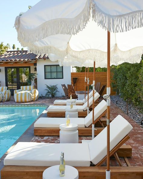 Pool Deck Lounge Chairs, Yellow Patio Umbrella, Pool Lounge Chairs With Umbrella, Teak Pool Furniture, Pool Lounge Chairs Sun Lounger, Backyard Lounge Chairs, Chaise Lounge Poolside, Pool Umbrella Ideas Outdoor Patios, Chairs In Pool