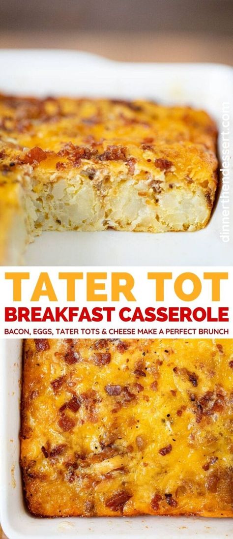 Tater Tot Breakfast Casserole Recipe (Bacon & Egg) - Dinner, then Dessert Loaded Tater Tot, Crowd Breakfast, Tot Breakfast Casserole, Loaded Tater Tots, Christmas Breakfast Casserole, Tater Tot Breakfast Casserole, Eggs Dinner, Breakfast Casserole Bacon, Sausage Dinner