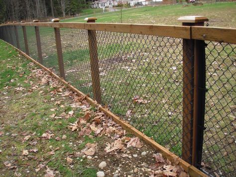 Chain Link Fence with Cedar Wood Trim Chainlink Fence With Wooden Posts, Chainlink Fence Makeover, Magical Yard, Chain Link Fence Privacy, Black Chain Link Fence, Cyclone Fence, Pagar Modern, Chain Link Fence Gate, Chainlink Fence