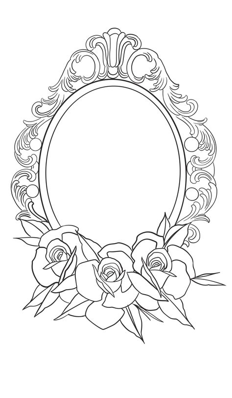 Frame Portrait Tattoo, Vintage Mirror Illustration, Mirror Frame Drawing, Picture Frame Tattoo Vintage, Oval Frame Drawing, Vintage Mirror Drawing, Cameo Drawing, Traditional Frame Tattoo, Frame Tattoo Design