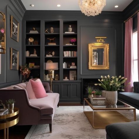 At Home Library, Office Feminine, Moody Office, Dining Room Library, Fun Living Room, Feminine Office, Woman Cave, Updating House, Home Office Design