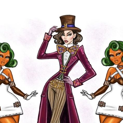 Hayden Williams on Instagram: "#Wonka & her #OompaLoompas 🍫 🍭 🍬 What if #WillyWonka & the #OompaLoompa characters were female? Here’s my take on a fashion forward version of them. I wanted to merge both past & present interpretations. #CharlieAndTheChocolateFactory #RoaldDahl" Wonka Costume, Oompa Loompa, Hayden Williams, Willy Wonka, Roald Dahl, Fashion Design Sketches, Fashion Illustrations, Women's Costumes, Design Sketch