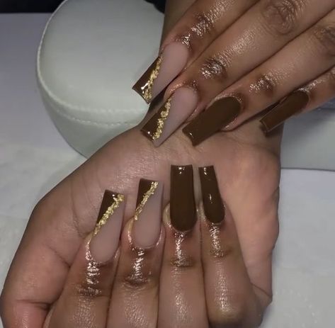 Brown Acrylic Nails Coffin Short, Brown Ombre Acrylic Nails, Brown Nails Acrylic Design, Brown Prom Nails, Short Brown Acrylic Nails, Brown Acrylic Nails Short, Brown Birthday Nails, Brown Nails Coffin, Short Brown Nails Ideas