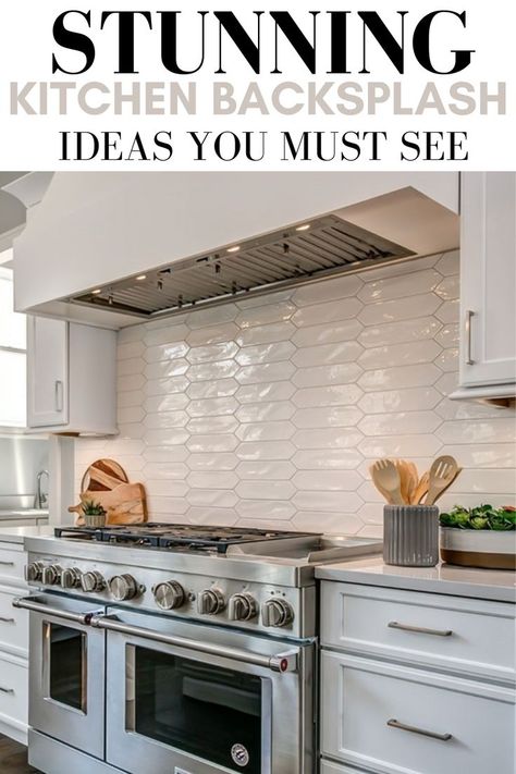 This post is about stunning kitchen backsplash ideas to copy for a timelss kitchen to complete your kitchen design. See them all here: https://byannabellerose.com/the-most-stunning-kitchen-backsplash-ideas-to-copy-for-a-timeless-kitchen/ 3d Backsplash Kitchen, Modern Rustic Farmhouse Kitchen Backsplash, Backsplash Up To Ceiling, Modern Farmhouse Kitchen Backsplash Ideas, Kitchen Backspace Ideas, Horizontal Picket Tile Backsplash, Kitchen Tile Backsplash Trends 2022, Backsplash Patterns For Kitchen, Popular Backsplash 2023