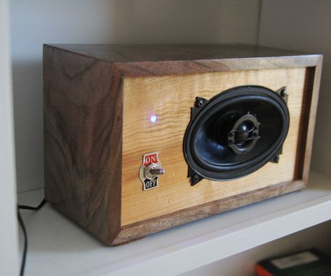 Building a bluetooth speaker is not a very complicated project, and you can get really creative with the design and use any material you have on hand. I decided to use walnut and cherry for the box, however any wood would work. 6x9 Speaker Box, Diy Phone Projector, Wireless Speakers Diy, Bluetooth Speakers Diy, Diy Bluetooth Speaker, Phone Projector, Speaker Plans, Speaker Projects, Cool Bookshelves