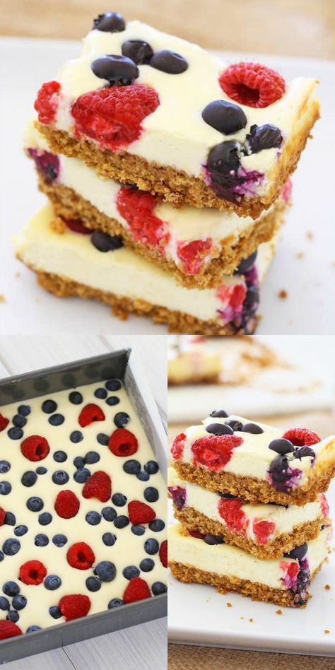 July 4th Food Desserts, Berry Cheesecake Bars, July 4th Food, Cheesecake Slice, Picnic Desserts, Patriotic Desserts, Berry Cheesecake, 4th Of July Desserts, Easy Summer Desserts