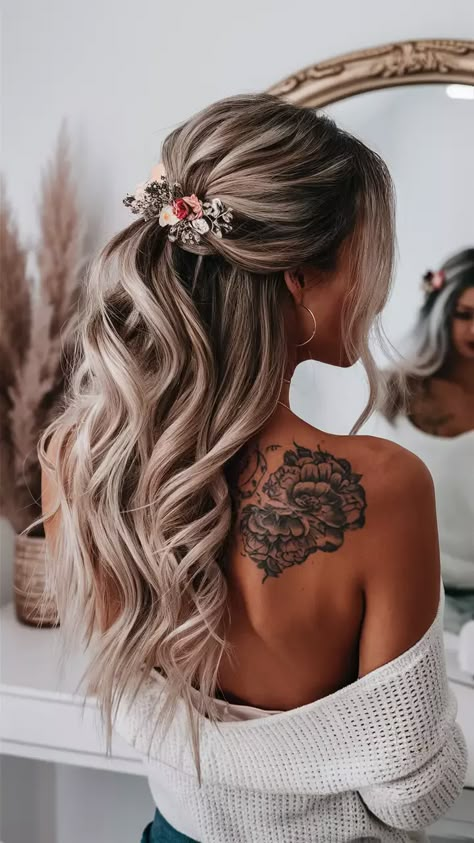 27 Trendy Winter Formal Hairstyles 2024-2025: Curls, Updos, Braids, Ponytails, Short and Long Hair Ideas Haïr Style For Event, Bridal Hair For Hot Weather, Wedding Hairstyles Curled Down, Country Wedding Hairstyles For Long Hair, Winter Bride Hair, Wedding Hair Inspo Half Up Half Down, Long Hair Half Up Half Down Wedding, Half Up Half Down Bridesmaid Hair Long, Romantic Wedding Hair Half Up