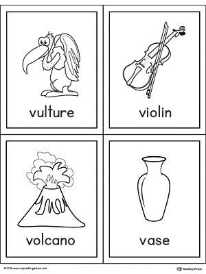 Beginning sound vocabulary cards for letter V includes the words vulture, violin, volcano, and vase. Alphabet Word Wall Cards, Letter V Worksheets, V Alphabet, V Words, Alphabet Words, Abc Coloring Pages, Alphabet Pictures, Workbook Design, Preschool Colors