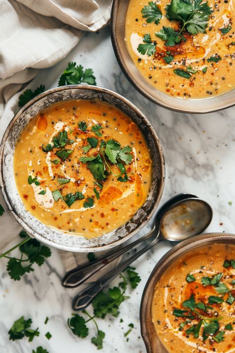 Three bowls of creamy soup garnished with cilantro, spices, and a drizzle of cream, with spoons and a napkin on the side. Coconut Red Lentil Curry, Curry Soup Recipes Vegetarian, Miso Lentil Soup, Tumeric Food Recipes, Coconut Curry Soup Vegetarian, Coconut Milk Lentil Soup, Vegetarian Curry Soup, Lentil Squash Soup, Spicy Vegan Soup