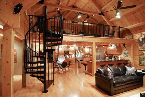 Steel Spiral Staircase Photo Gallery | Steel Spiral Staircase Modern Log Home Interiors, Yurt Kitchen, Mezzanine Ideas, Modern Log Home, Log Home Interior, Pine Interior, Spiral Stair, Morton Building, Cabin Loft