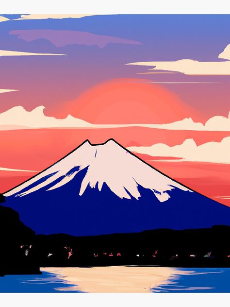 Mount Fuji Painting Acrylic, Fuji Mountain Painting, Mount Fuji Drawing Japanese Art, Fuji Mountain Illustration, Japanese Sunset, Mount Fuji Art, Sunset Illustration, Japan Graphic Design, Sunset Print