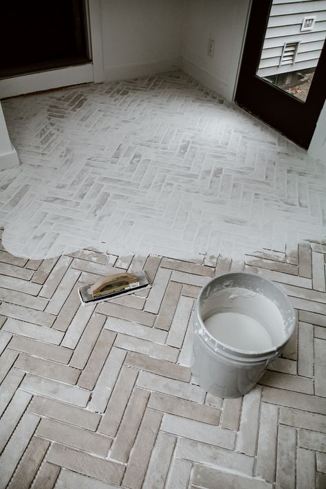 Old World European Inspired Flooring - Sunroom Tile Floor, Sunroom Flooring Ideas, Brick Floors Mudroom, Sunroom Flooring, Herringbone Brick Floor, Room Tiles Floor, Pantry Door Ideas, Old World European, Laundry Room Tile