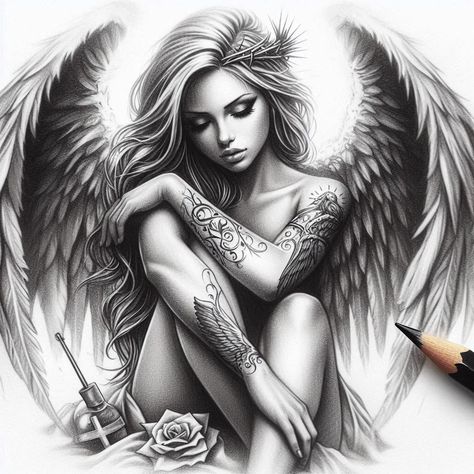 Valkyrie Tattoo Woman Female Warriors, Angel And Demon Love Art, Warrior Princess Tattoo, Devil Angel Tattoo, Tattoo Crystal, Angel Warrior Tattoo, Valkyrie Tattoo, Shin Tattoo, Catrina Tattoo