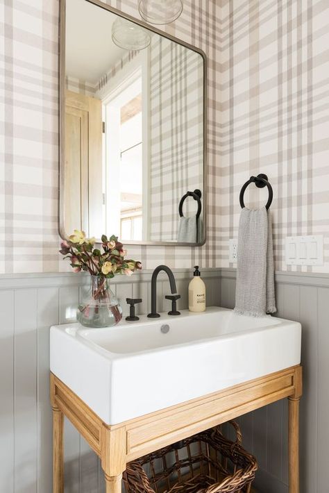 Sm Ranch House, Studio Mcgee Bathroom, Pine Cabin, Mudroom Laundry Room, Powder Room Decor, Plaid Wallpaper, Cottage Bathroom, Modern Farmhouse Bathroom, Laundry Mud Room