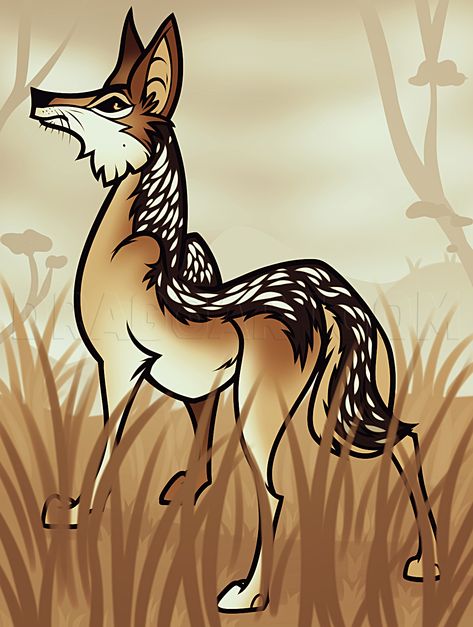 I made a lesson on drawing a jackal a while back, (in 2008 to be exact) but I felt like making another one that is a bit more exciting in appearance. Draw A Beach Scene, Black Backed Jackal, Beach Cartoon, A Beach Scene, Drawing Prompts, Dinosaur Crafts, Drawing Guide, Animal Drawing, Drawing Prompt