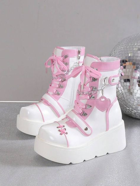 Kawaii Platform Shoes, Shein Heels, Shein Boots, Shein Stuff, Pink Combat Boots, Platform Shoes Boots, Korean Shoes, Shein Shoes, Harajuku Women