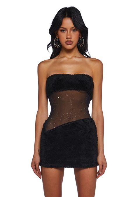 Sexy Womans Stretchy Sheer Mesh Rhinestone Faux Fur Sherpa Mini Dress - Black – Dolls Kill Black Mini Dress Fancy, Unique Black Mini Dress, Girl Scout Costume, Pot Brownie, Rave Fit, Brownie Girl Scout, Edgy Dress, Rococo Fashion, Birthday Fits