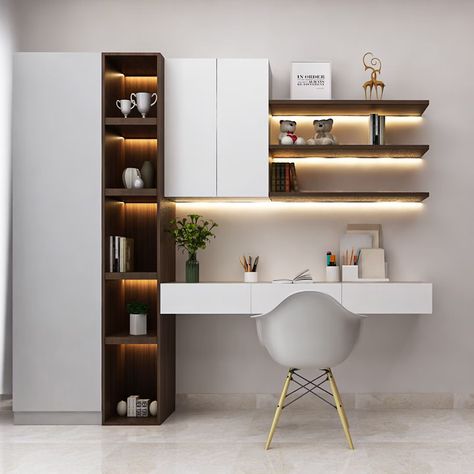 White And Brown Study Room Design With Under-Ledge LED Lighting | Livspace Bookshelf With Study Table, Study Room Ideas Modern, Study Table With Bookshelf, Study Room Ideas, Wooden Study Table, Aesthetic Bookshelf, Wallpaper House Design, Tall Unit, Brown Theme